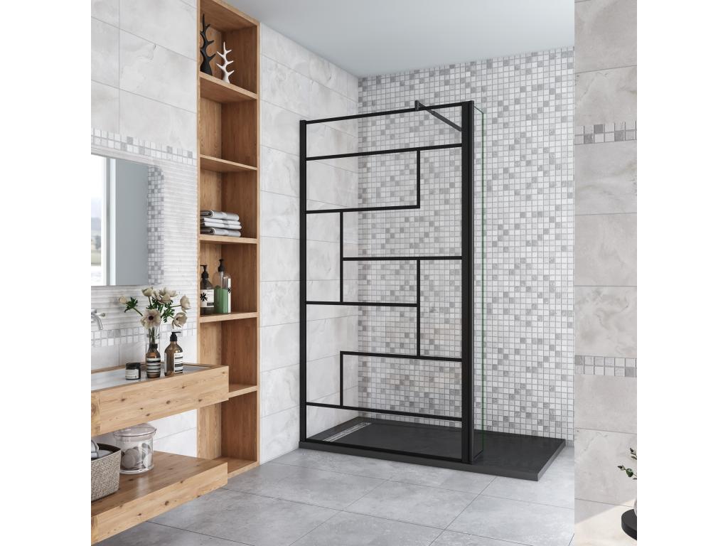 Walk-in shower screen 120 x 40 x 200 cm with pivoting return panel - Black - with 70-120 cm cylindrical support bar QIPI74756