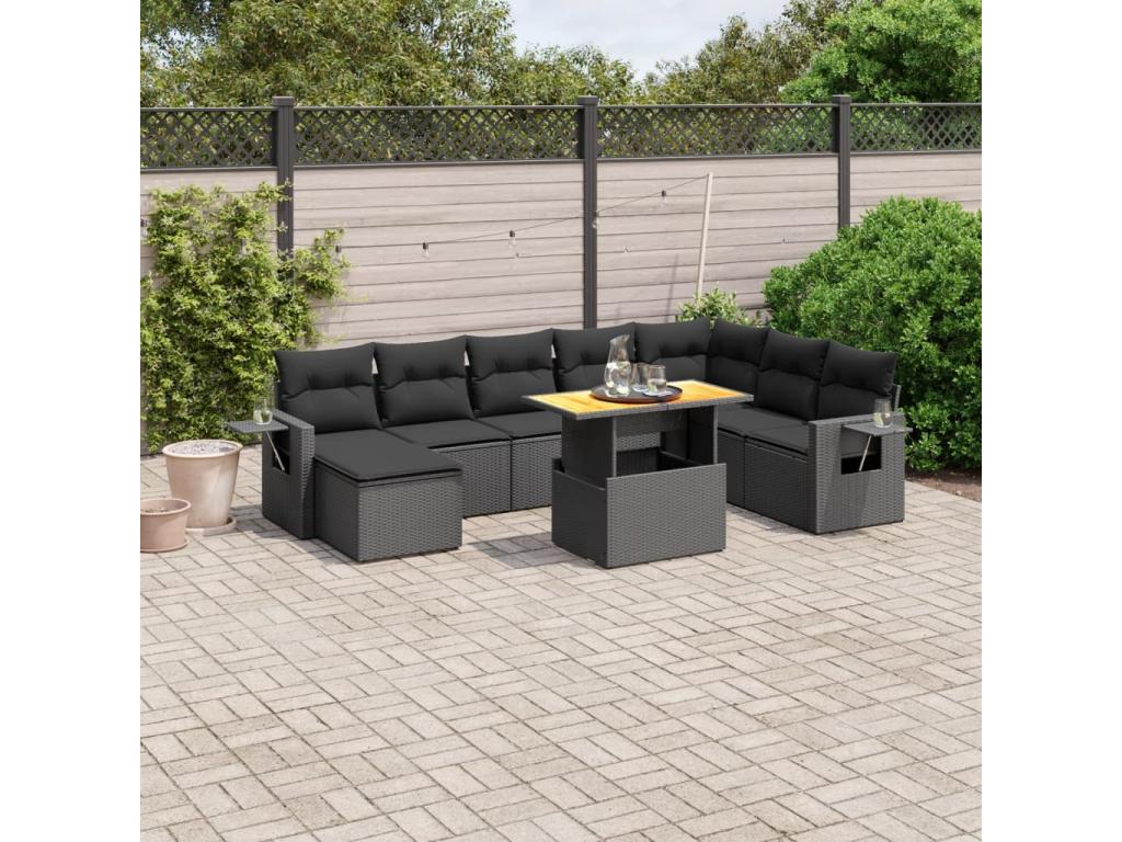 9-piece garden furniture set with cushions, black woven resin NNXS90391