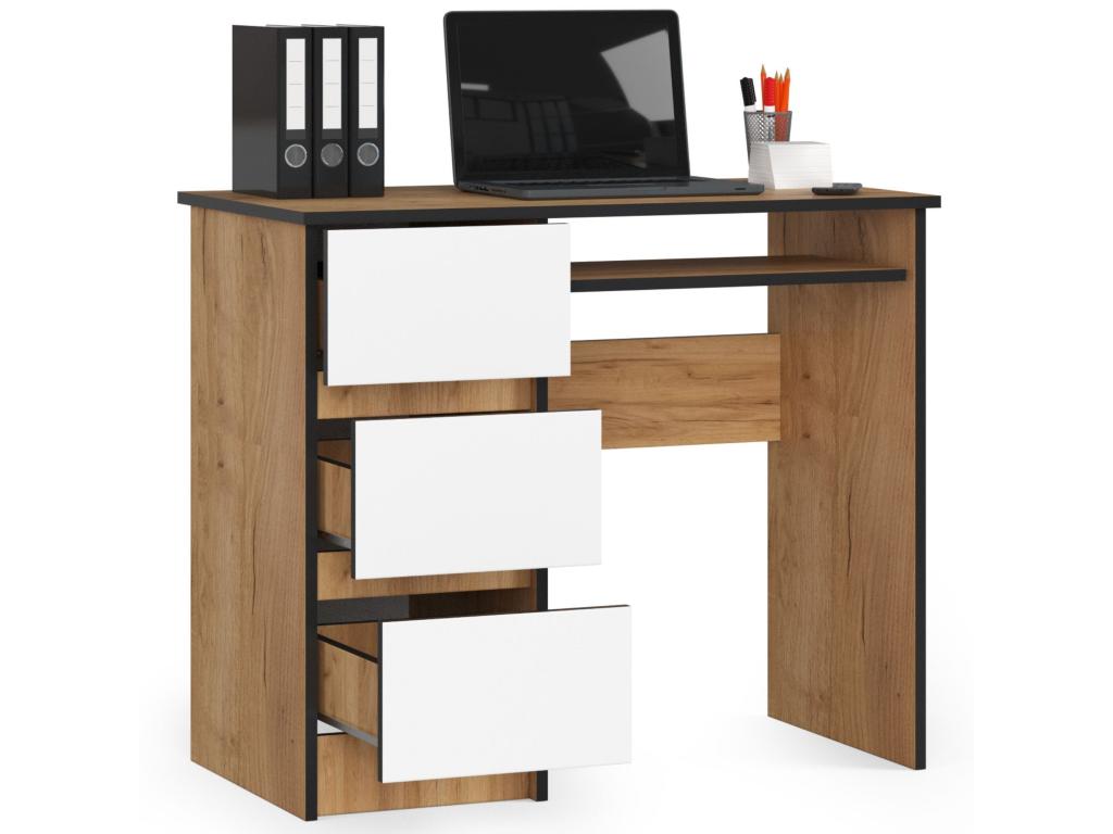 Boisona Left-Handed Computer Desk A6 Oak Craft 90cm 3 Drawers White Front 1 Shelf 90x50x77cm ZPMP43305