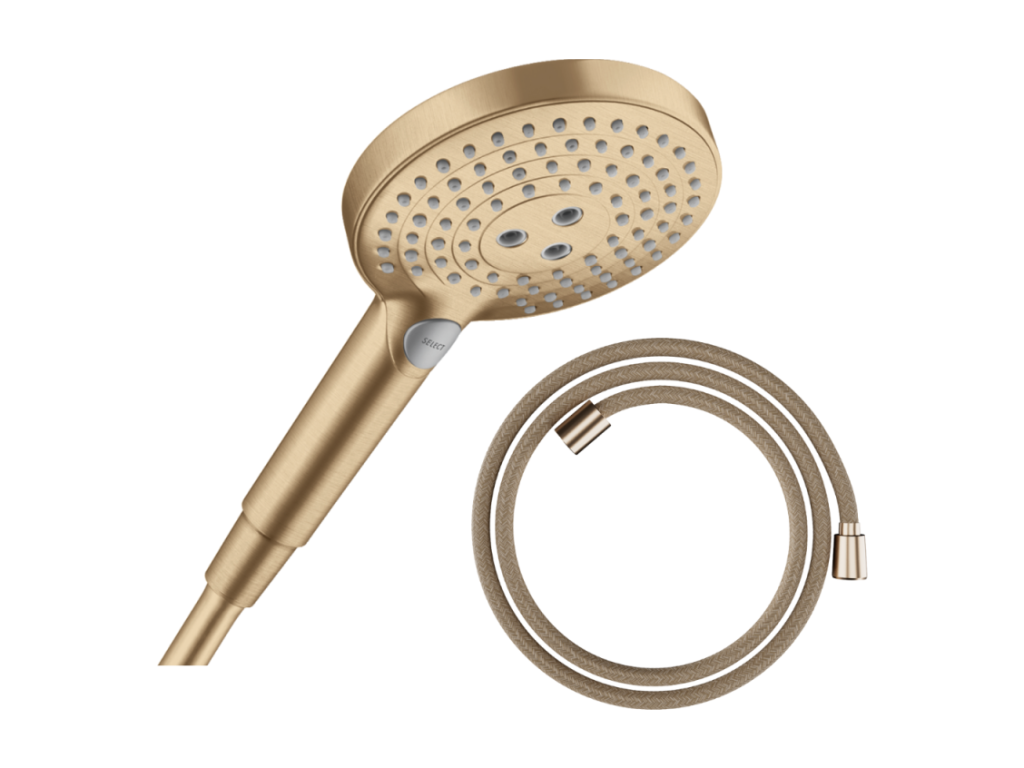 Boisona 120 shower head with 3 spray patterns, brushed bronze; Boisona 160 cm shower hose, brushed bronze; YVON06518