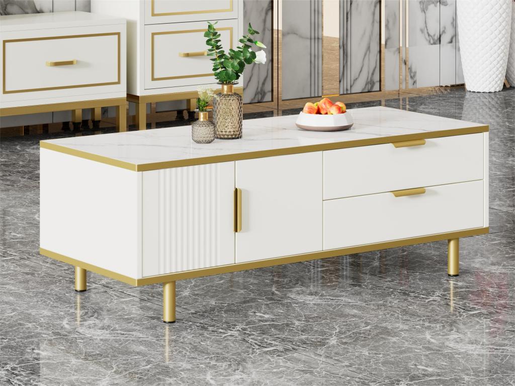 Modern coffee table with storage - marble pattern top - White LVST25365