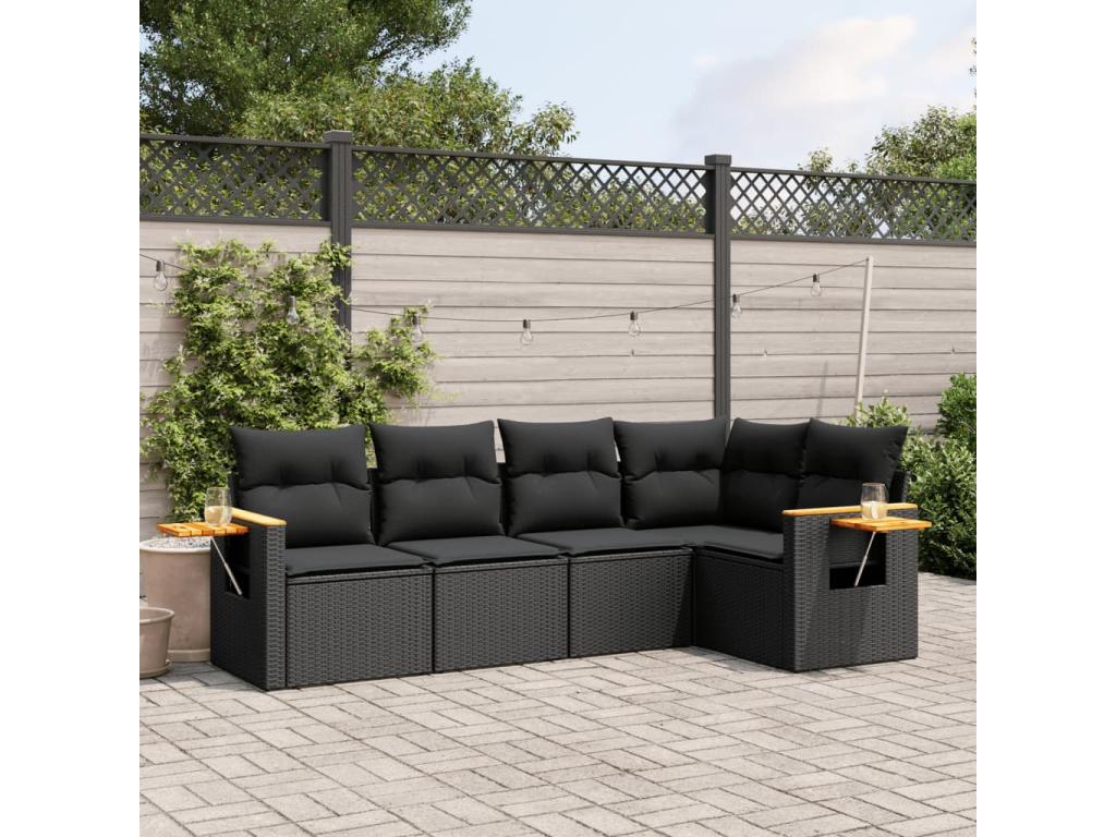 5-piece garden furniture set with cushions, black woven resin BHKZ37534