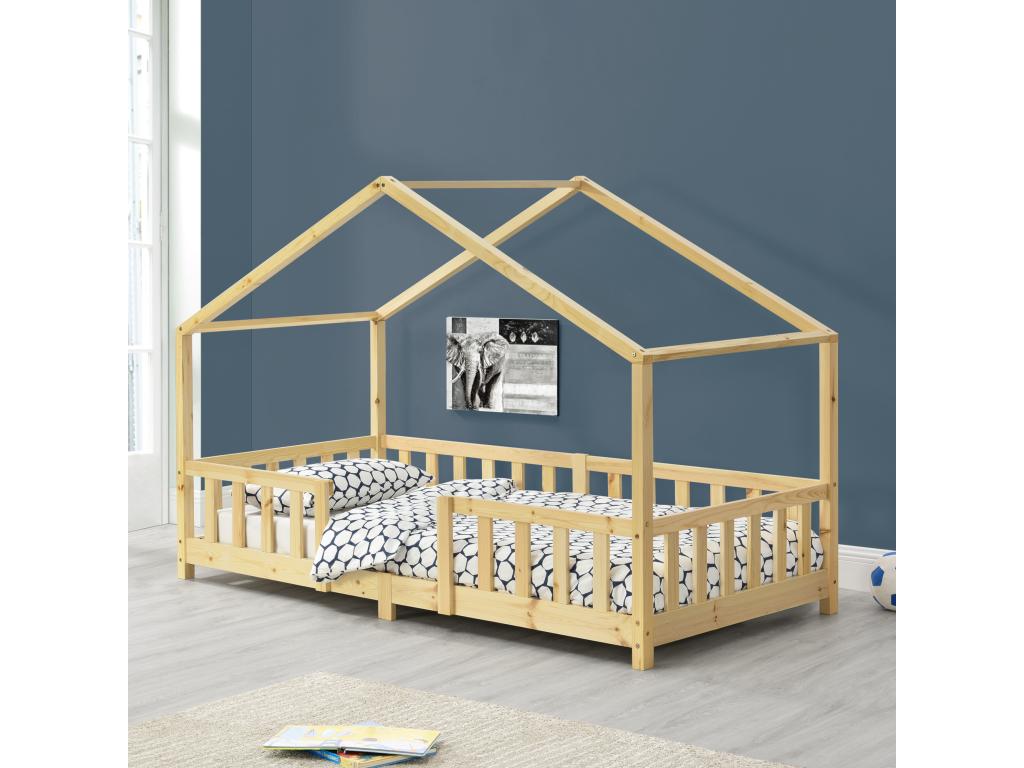 House-Shaped Children's Bed with Safety Rail, Nobellea 200x90 cm, Natural Wood, Nobellea MCSJ38730