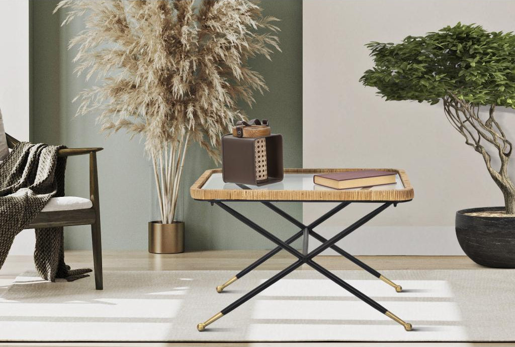 Coffee table in iron, wood, black and brown glass, 70x50x45 cm SIOK45806