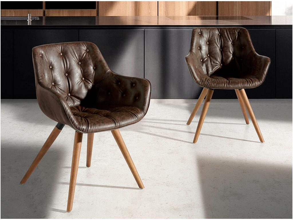 Boisona designer chair in solid ash wood and tufted faux leather - Set of 2 - Boisona 68 Dark Blue QULE78990