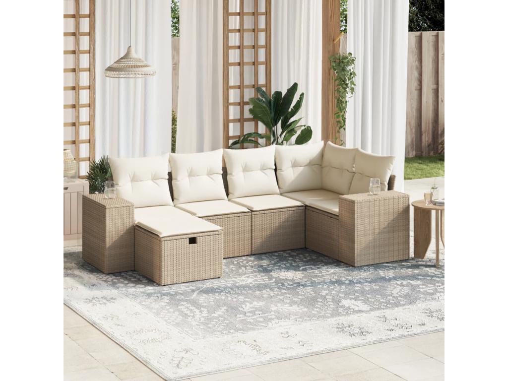 Garden furniture set with cushions, 6 pieces, beige woven resin, FGPC34325