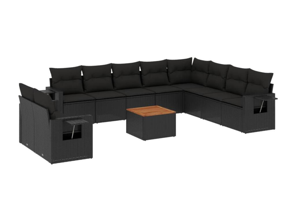 11-piece garden furniture set with cushions, black woven resin NRJU40398