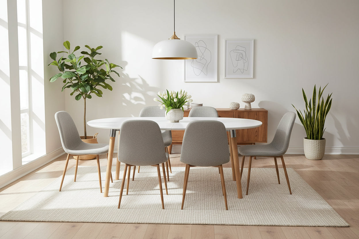 Beautiful dining table 100x170/270 cm with 2 additional place settings in white with Boisona chrome-plated legs. QGGT99789