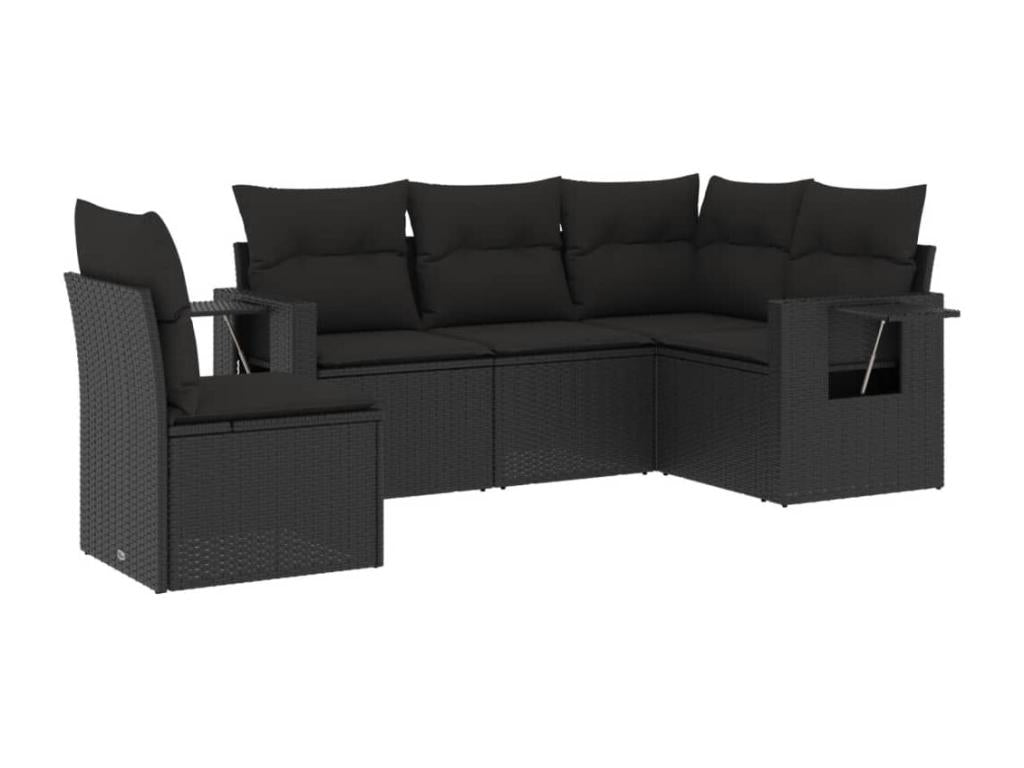 5-piece garden furniture set with cushions, black woven resin RODQ65888