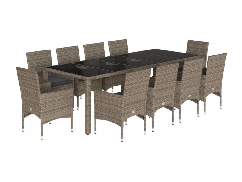 11-piece garden dining set with cushions, grey rattan and glass NJDQ42470