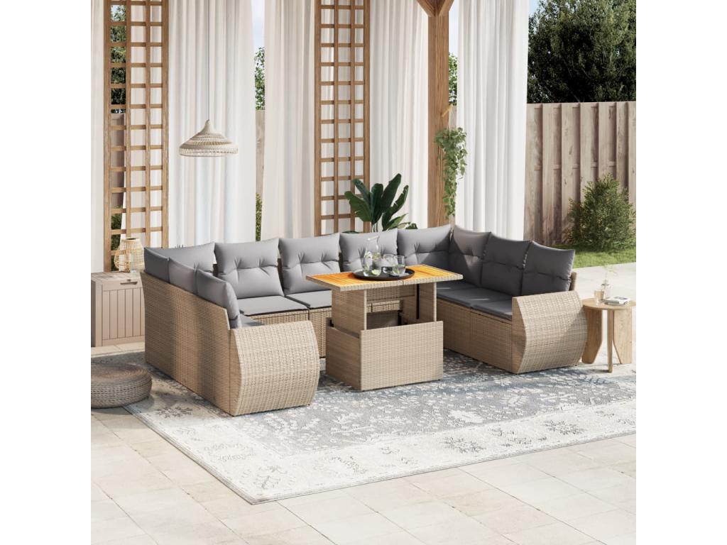 10-piece beige resin wicker garden furniture set with cushions KDNR08871