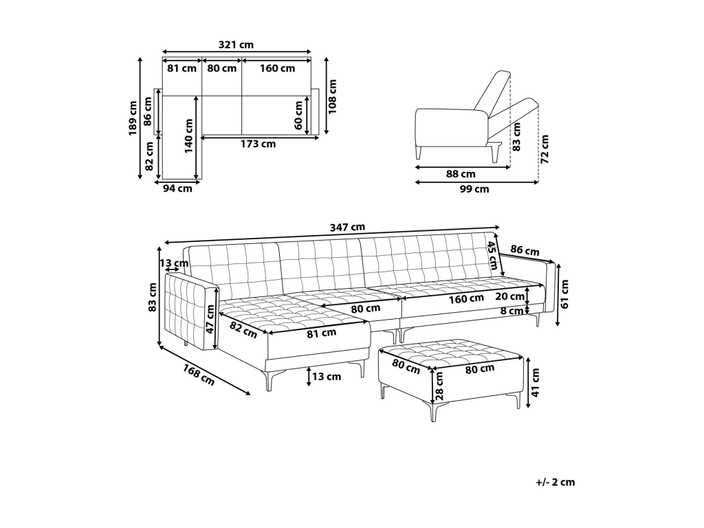 Modular corner sofa bed, light grey fabric with ottoman, 5-seater, right-hand side, ILPK05539