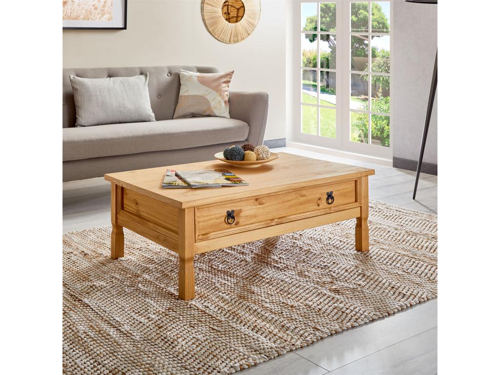 Mexican-style rectangular wooden coffee table with 1 large drawer in stained and waxed solid pine OMED90598