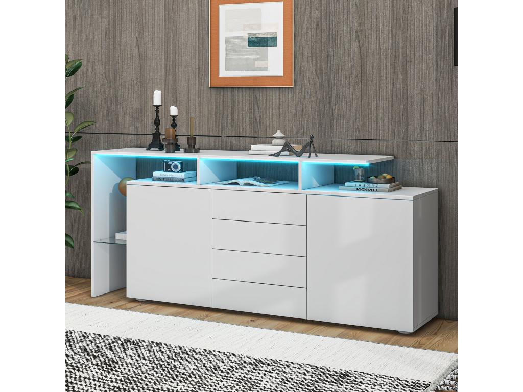 Low sideboard with 4 drawers, 2 doors and a glass shelf - LEDs - MDF wood - for living room or kitchen - glossy white FKVG44775
