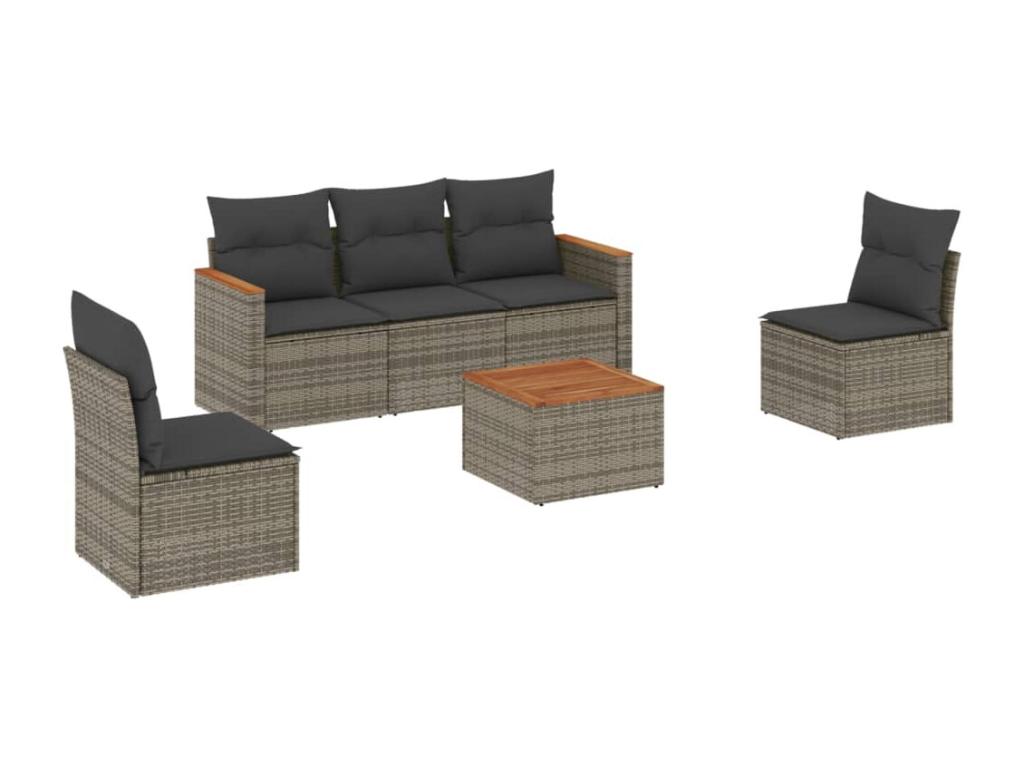 6-piece garden furniture set with grey resin wicker cushions IKWU19743