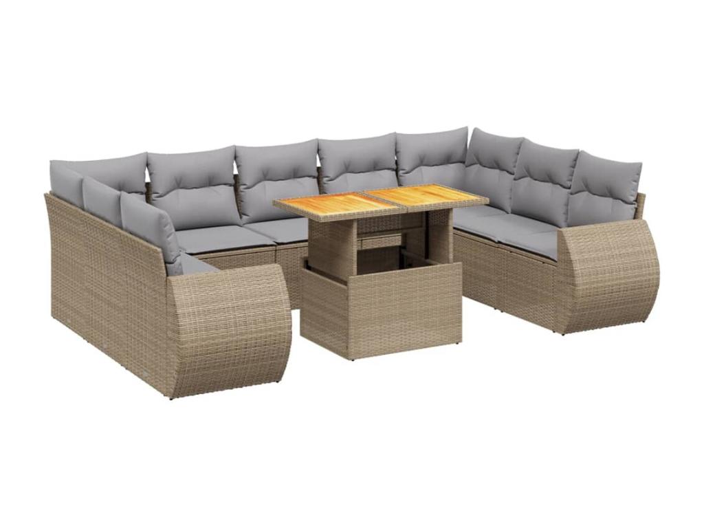 10-piece beige resin wicker garden furniture set with cushions KDNR08871