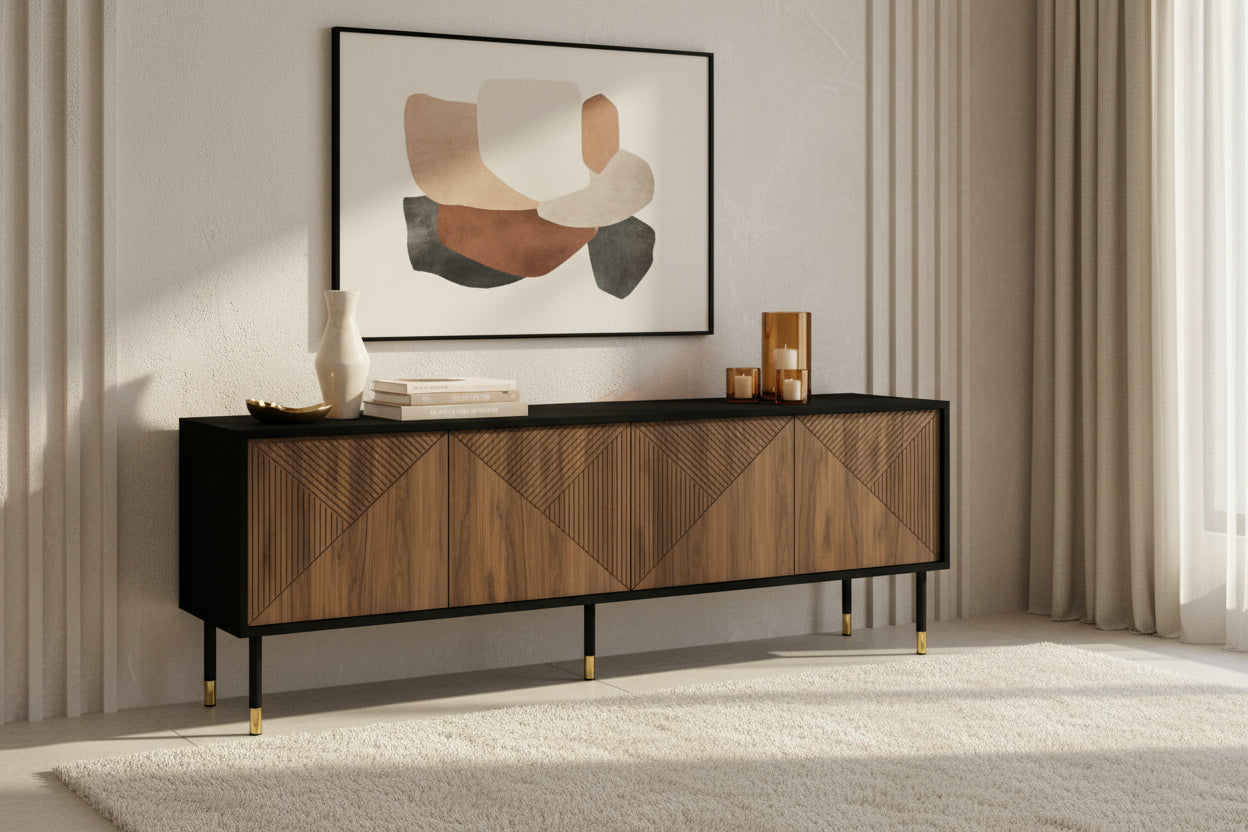 Nobellea IV 4D 180cm TV stand with milled edges on matte black/oak legs, Nobellea CBJB86836