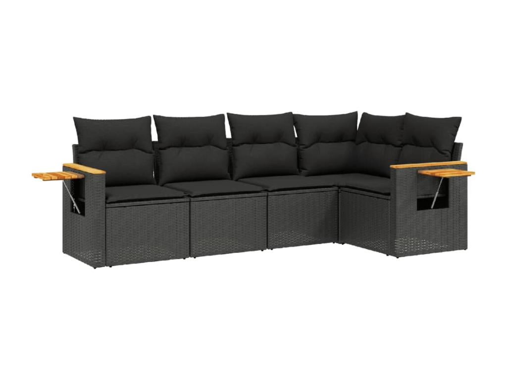 5-piece garden furniture set with cushions, black woven resin BHKZ37534