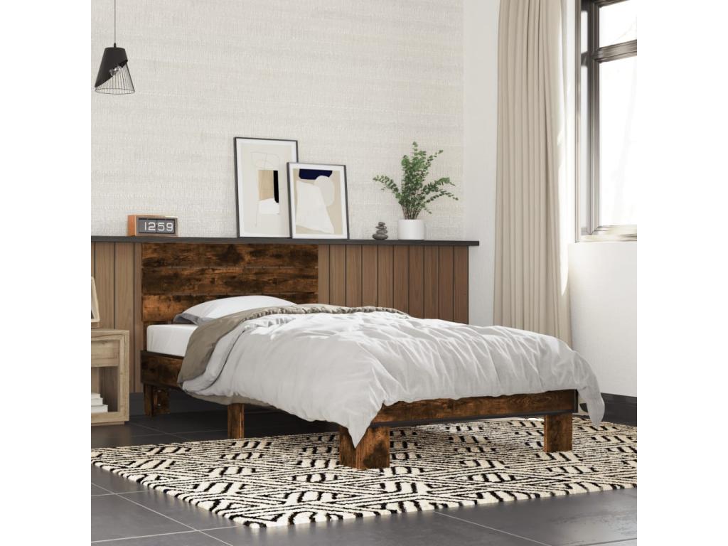 Smoked oak bed frame 90x200 cm engineered wood and metal NAAU65219