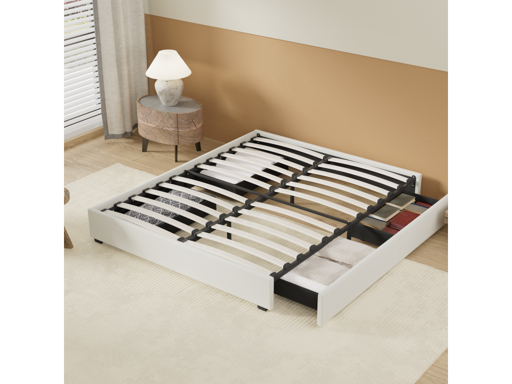 140x200 cm bed with drawers, wooden slatted base, white fabric frame XIYJ88352