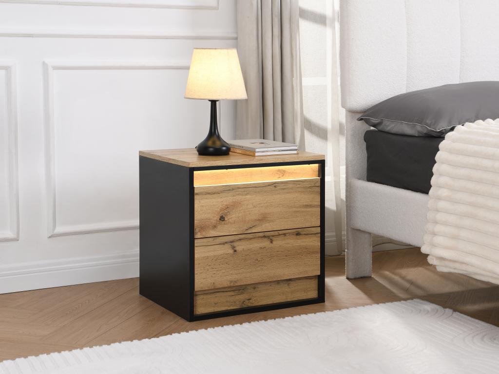 2-Drawer Bedside Table - With LEDs - MDF - Natural and Black Finish - Nobellea GHKF96244