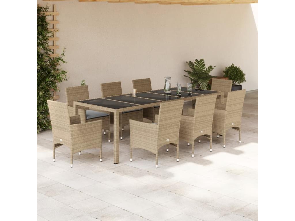 9-piece beige rattan and glass garden dining set and cushions RFBL36575