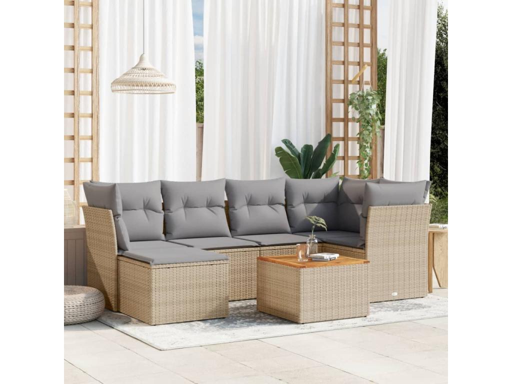 7-piece garden furniture set with cushions, beige woven resin WJAU83950