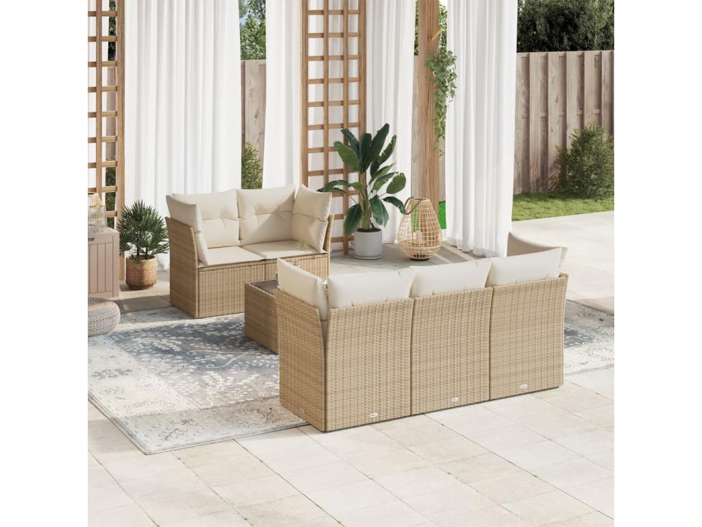 Garden furniture set with cushions, 6 pieces, beige woven resin, FGQH15317