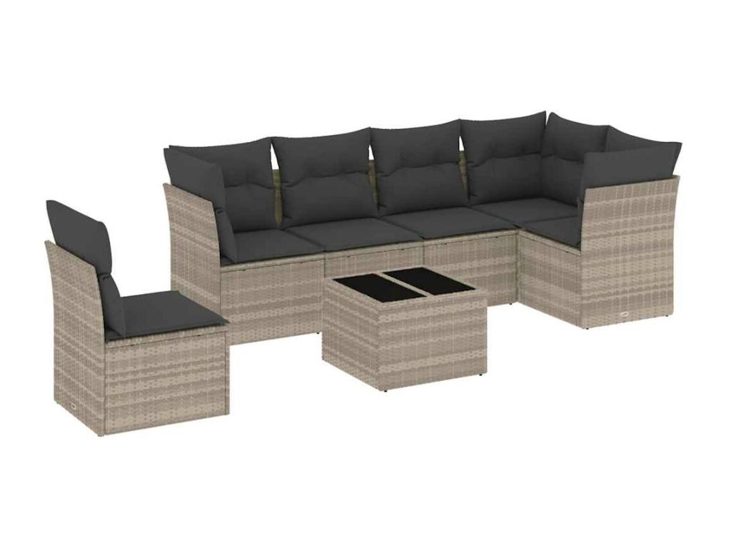 7-piece garden furniture set with cushions, light grey woven resin VAFB78880