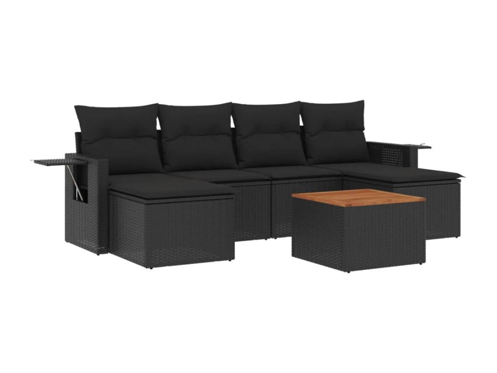 7-piece garden furniture set with cushions, black resin wicker QQDU32404
