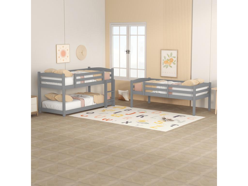 Bunk beds 3x90x200 cm - Three bunk beds for children - MDF wood - Boisona slatted base - Grey HXHD87811