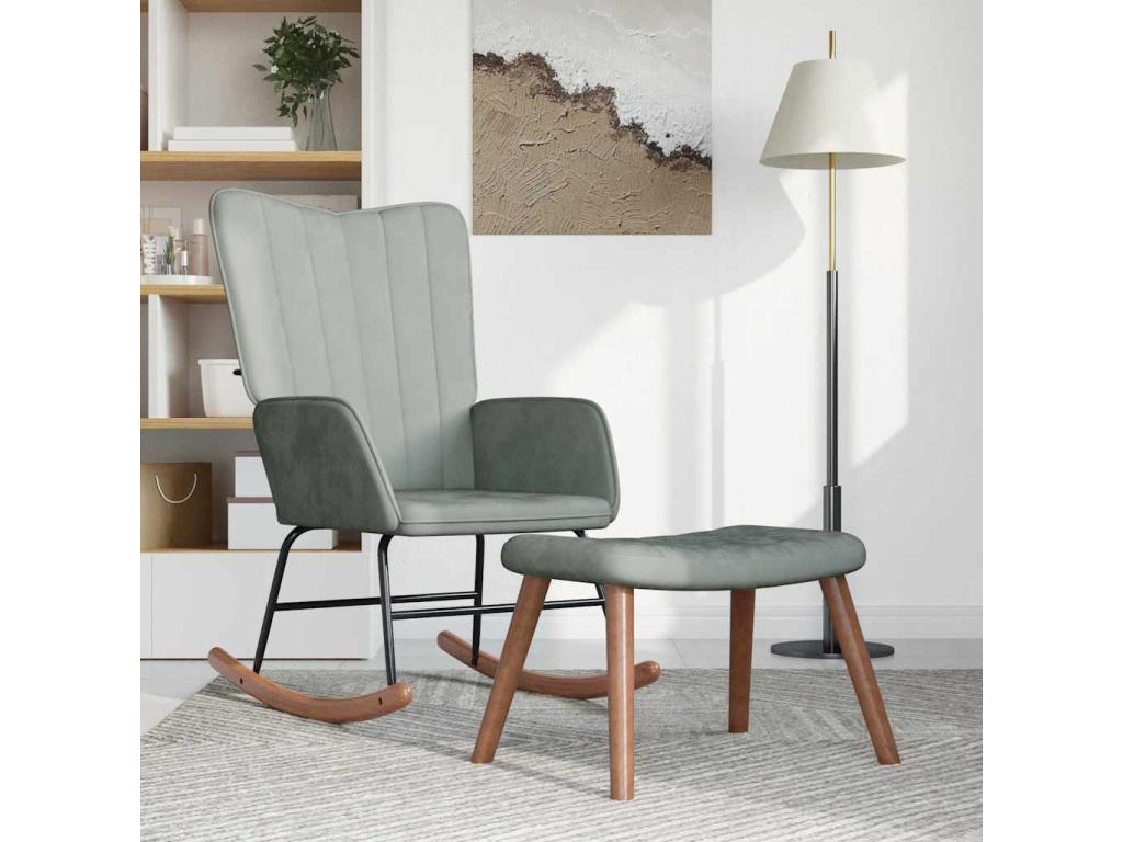 Rocking chair with footrest, light grey velvet, UQAL16570