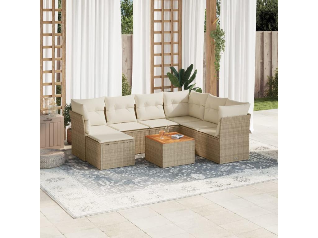 8-piece garden furniture set with cushions, beige woven resin RDLG64554