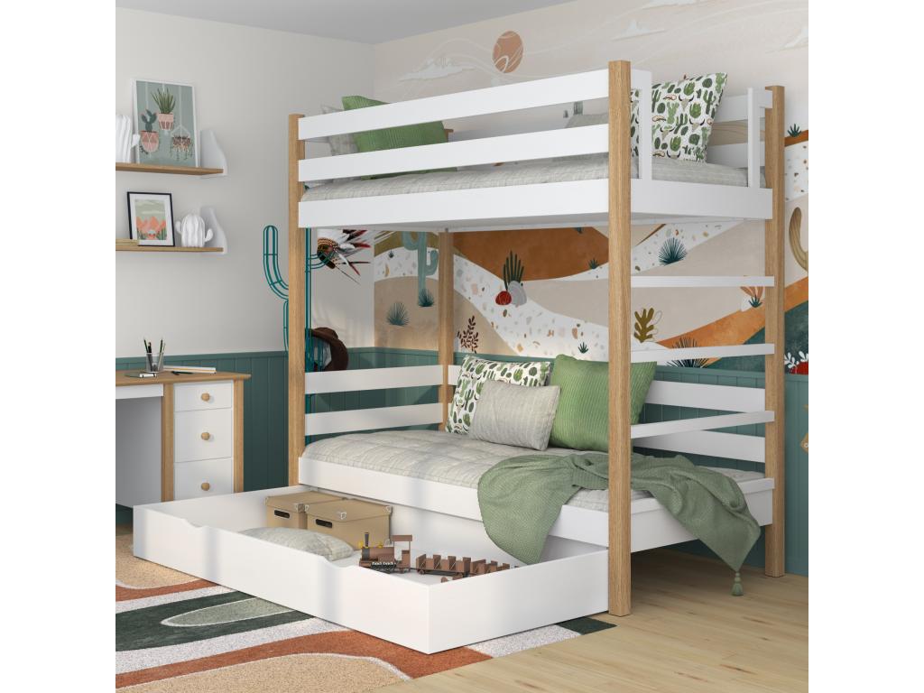 Wooden bunk bed - with drawer N03 White / Natural Oak 80x190 HQSH77933