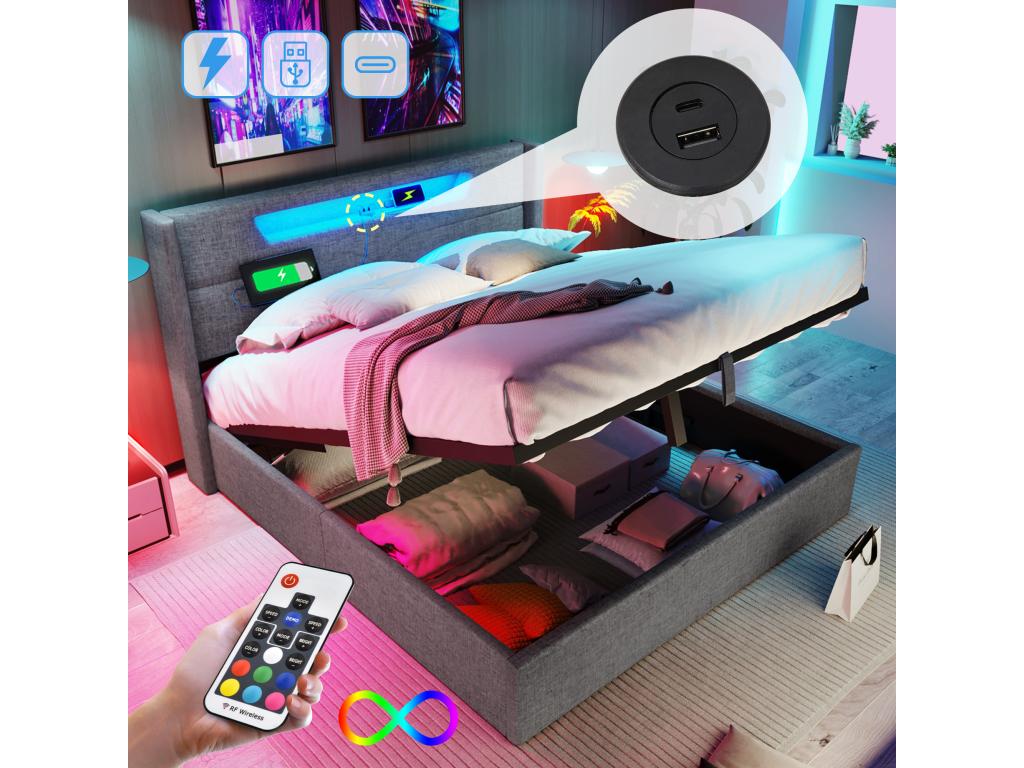 Adult storage bed 140x200 cm with headboard - USB Nobellea C LEDs - linen fabric - grey SUVX32314