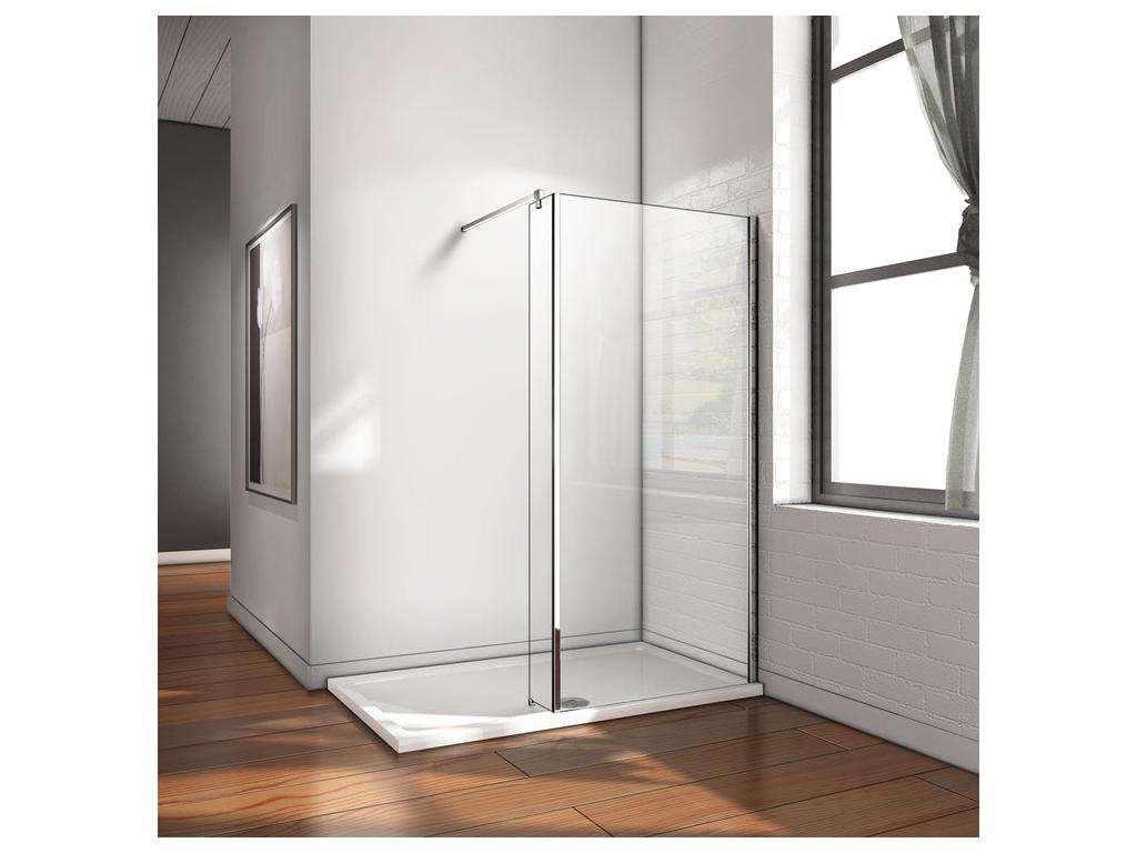 Walk-in shower enclosure with fixed pivot return, 90cm, 25x200cm, with 90cm square fixing bar, 8mm anti-limescale glass BYQU60440