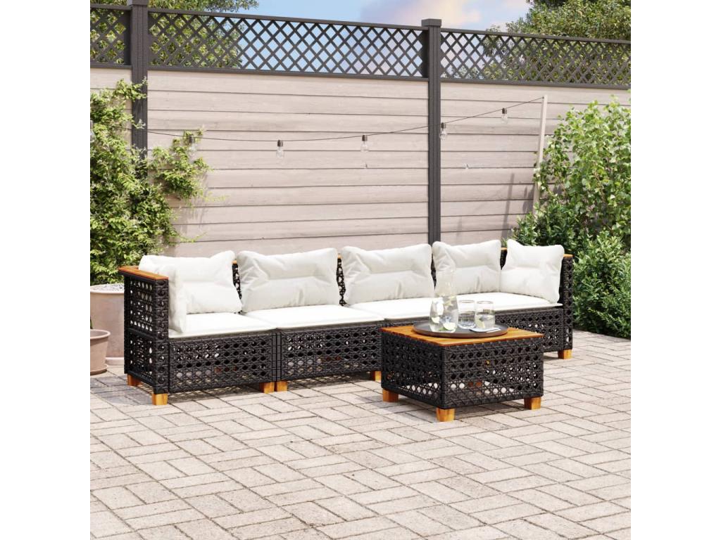 5-piece garden furniture set with cushions, black woven resin ENTW25308