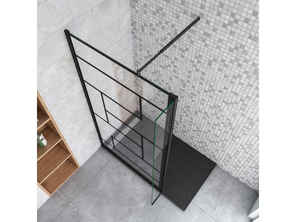 Walk-in shower screen 120 x 40 x 200 cm with pivoting return panel - Black - with 70-120 cm cylindrical support bar QIPI74756