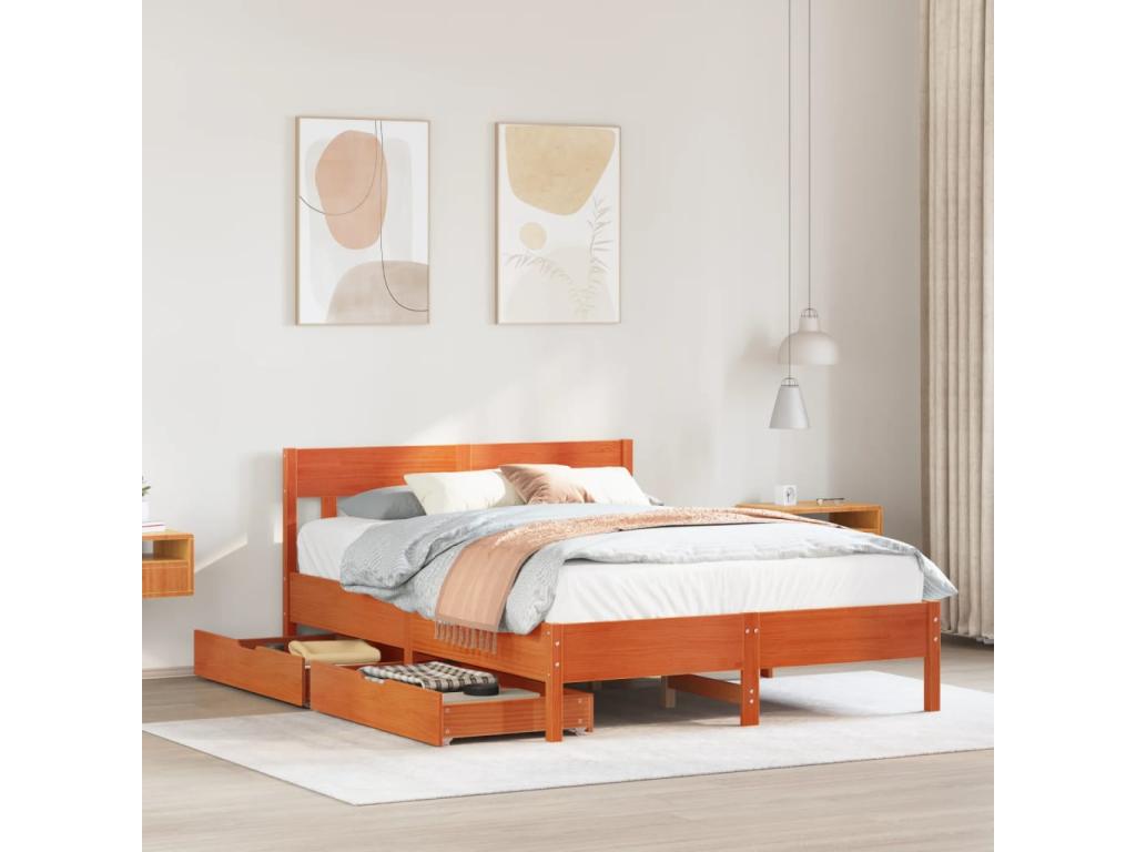 Bed frame without mattress, brown wax finish, 150x200cm, solid pine wood, DIGH96686
