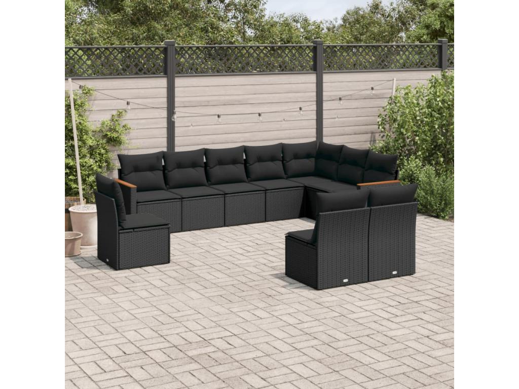 10-piece garden furniture set with cushions, black wicker resin AQPA58127
