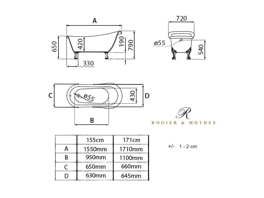 Antique retro freestanding bathtub, white, 171 cm, eagle feet, aged red copper, MHBS55150