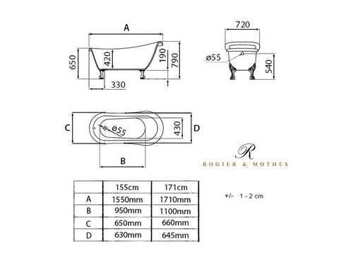 Antique retro freestanding bathtub, white, 171 cm, eagle feet, aged red copper, MHBS55150