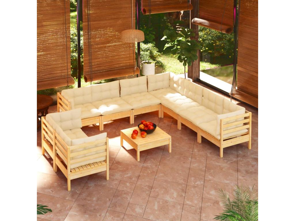 10-piece garden furniture set with cream cushions, solid pine wood, 4 YRGW56247