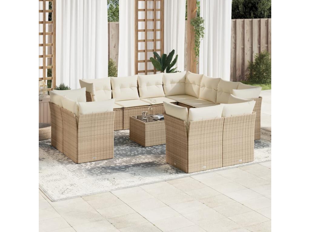 12-piece garden furniture set with cushions, beige woven resin QMPP15597