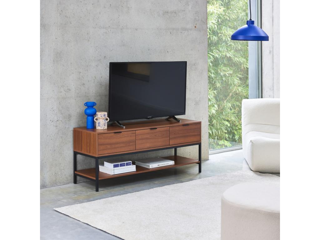 TV stand in walnut finish, 130cm wide, with black metal legs and handles - 3 drawers and 1 lower shelf DCHI98166