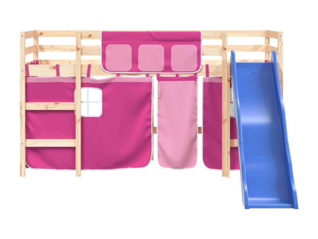 Children's loft bed and pink curtains 80x200cm solid pine wood YLMM41290