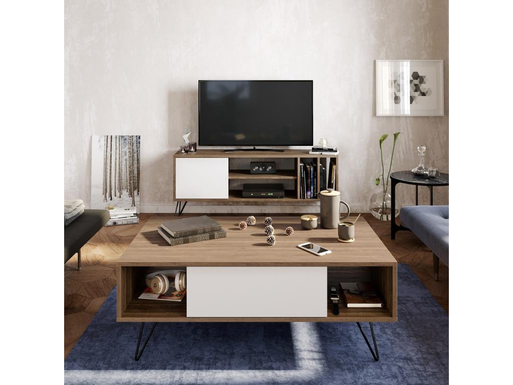 Coffee table with metal legs and cabinet, White/Walnut KLWG55269