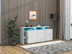 Low sideboard with 4 drawers, 2 doors and a glass shelf - LEDs - MDF wood - for living room or kitchen - glossy white FKVG44775