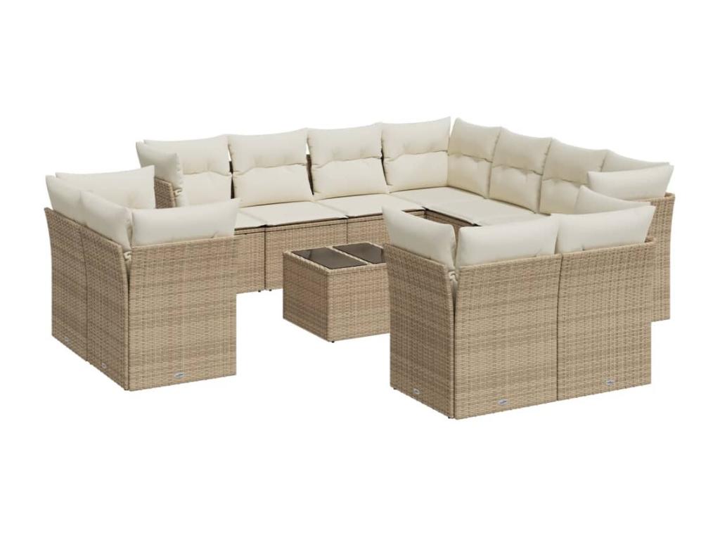 12-piece garden furniture set with cushions, beige woven resin QMPP15597