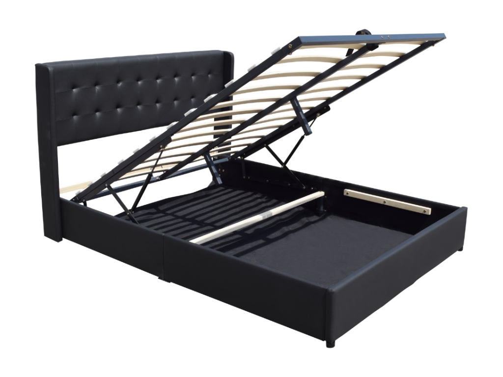 Black 140x190 cm storage bed with removable cover and upholstered headboard - Nobellea - quick assembly - easy-care PVC faux leather upholstery EOGO04679